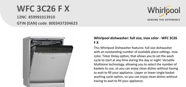 ظرفشویی 14 نفره ویرپول wfc 3c26 fx
